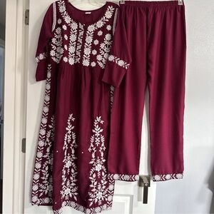 Beautify Beautique Maroon and White Embroidered Dress Set